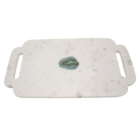 White Marble and Cerulean Agate Tray with Handles - 15 x 7.5 inches - Jodhshop