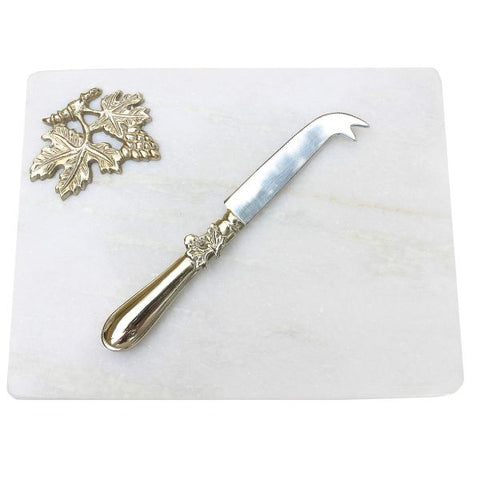 White Marble Gold Grape Leaf Cheese Board with Knife - 10 x 7.75 inches - Jodhpuri Online