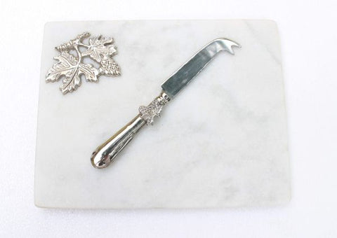 White Marble with Silver Grape Leaf Cheese Board with Knife - 10 x 7.75 inches - Jodhpuri Online