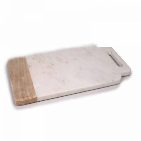 White Marble & Wood Cheese Board with Handle - 18 x 9 inches - Jodhpuri Online