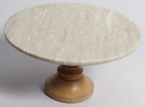 48216: Cake Stand Beige Marble With Wood Base Large