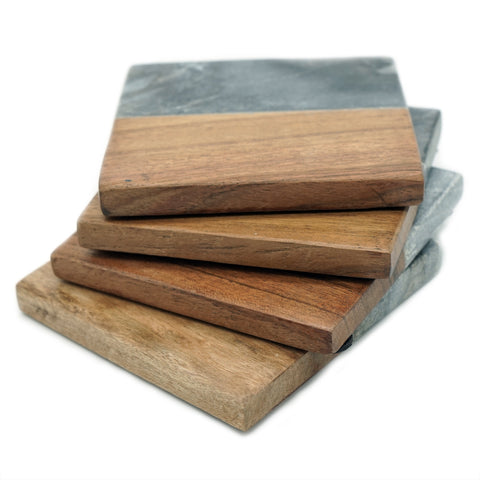 50463: Ocean Grey Marble with Acacia Wood Square Coasters - Set of 4 - Jodhshop