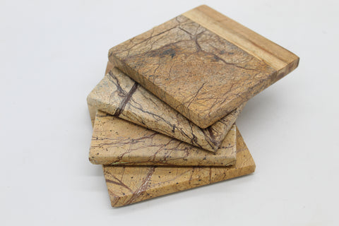 50466: Brown Forest Marble with Acacia Wood Square Coasters - Set of 4 - Jodhshop