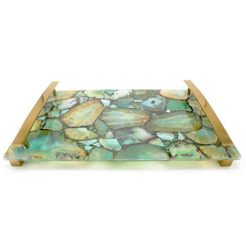 Natural Aqua Agate with Brass Handles - 16 x 10 x 2 inches - Jodhpuri Online