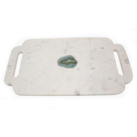 White Marble and Cerulean Agate Tray with Handles - 17 x 9 inches - Jodhshop