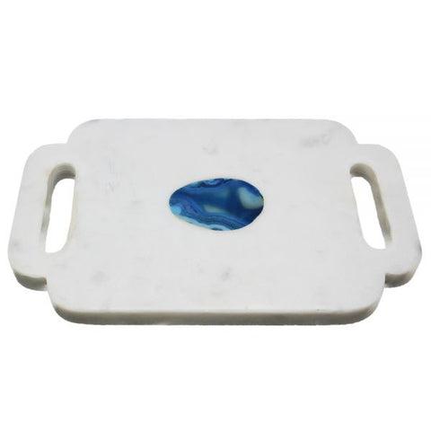 White Marble & Blue Agate Tray with Handles - 8 x 5 inches - Jodhshop