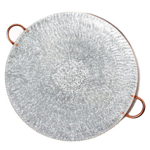 Galvanized Steel Round Serving Tray with Gold Bead Edge and Copper Handles - 24 x 20 x 3.50 inches - Jodhpuri Online