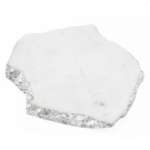 65050: Organic Shape White Marble Coaster with Silver Foil (Individual Piece) - 4 to 5 inches - Jodhpuri Online