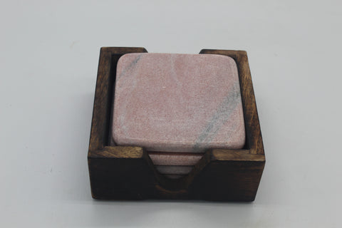 73511: Pink Marble Square Coasters with Dark Wood Caddy - Set of 4 Coasters